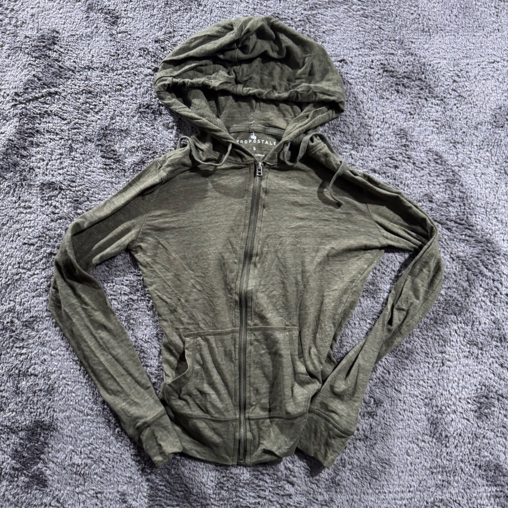 Aeropostale Womens Olive Green Full Zip Hoodie Lightweight Slub Knit Small